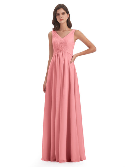 Evalyn V-neck Straps Chiffon Long Bridesmaid Dresses