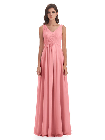 Evalyn V-neck Straps Chiffon Long Bridesmaid Dresses