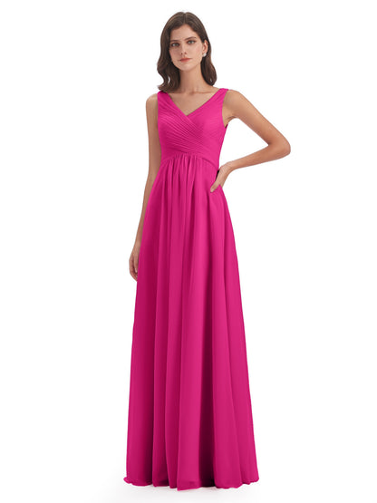 Evalyn V-neck Straps Chiffon Long Bridesmaid Dresses