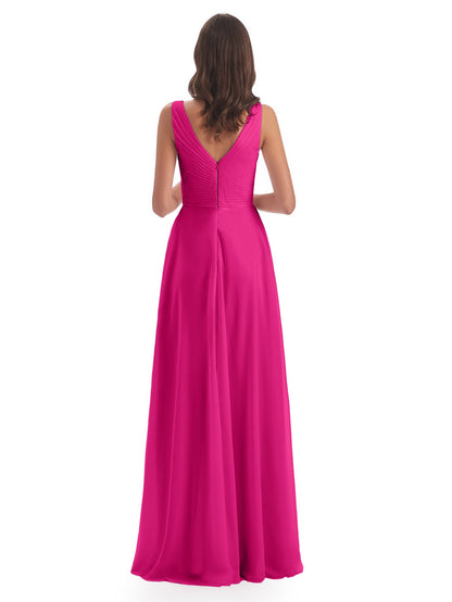Evalyn V-neck Straps Chiffon Long Bridesmaid Dresses