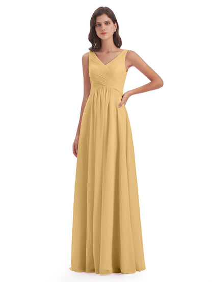 Evalyn V-neck Straps Chiffon Long Bridesmaid Dresses