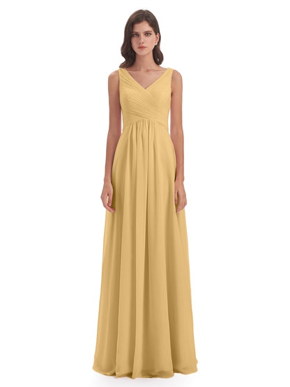 Evalyn V-neck Straps Chiffon Long Bridesmaid Dresses