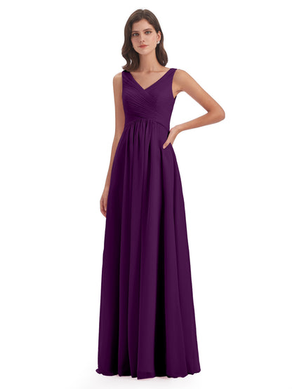 Evalyn V-neck Straps Chiffon Long Bridesmaid Dresses