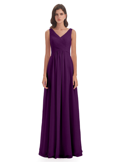 Evalyn V-neck Straps Chiffon Long Bridesmaid Dresses