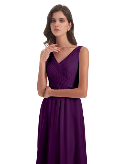 Evalyn V-neck Straps Chiffon Long Bridesmaid Dresses