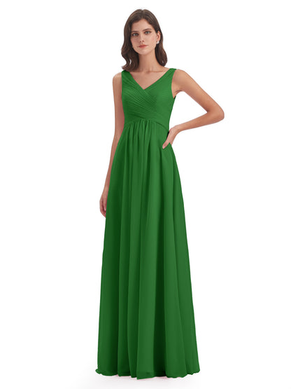 Evalyn V-neck Straps Chiffon Long Bridesmaid Dresses