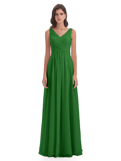 Evalyn V-neck Straps Chiffon Long Bridesmaid Dresses