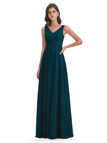 Evalyn V-neck Straps Chiffon Long Bridesmaid Dresses