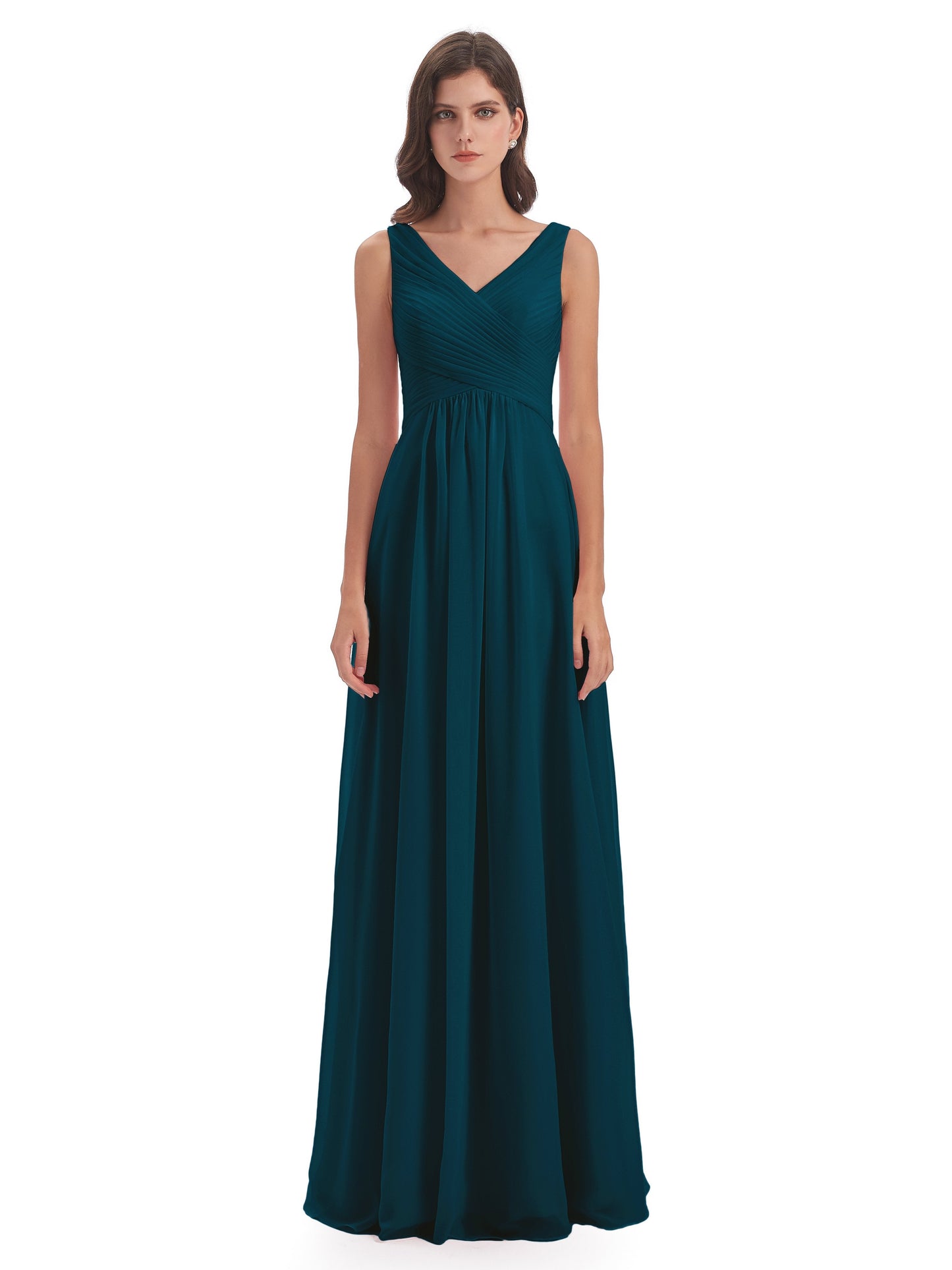 Evalyn V-neck Straps Chiffon Long Bridesmaid Dresses