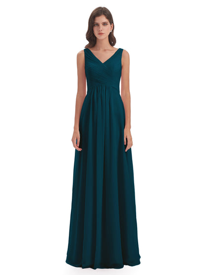 Evalyn V-neck Straps Chiffon Long Bridesmaid Dresses