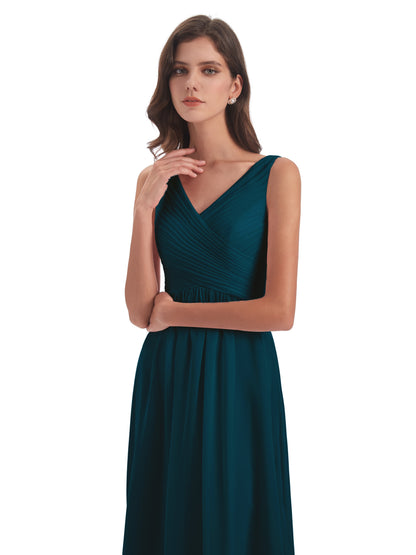 Evalyn V-neck Straps Chiffon Long Bridesmaid Dresses