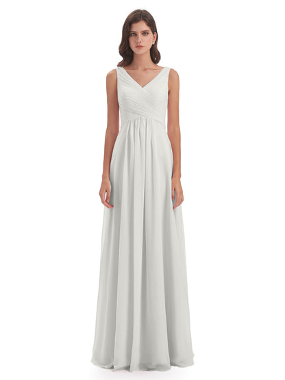 Evalyn V-neck Straps Chiffon Long Bridesmaid Dresses