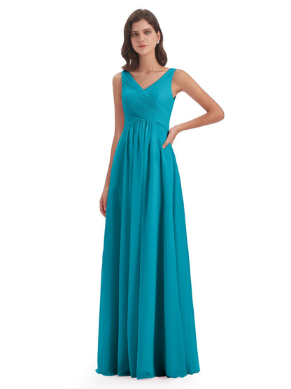 Evalyn V-neck Straps Chiffon Long Bridesmaid Dresses