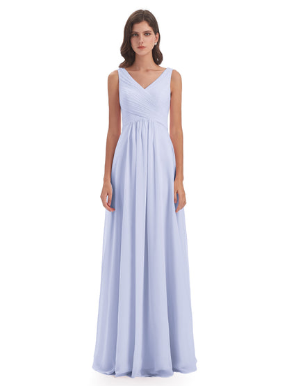 Evalyn V-neck Straps Chiffon Long Bridesmaid Dresses