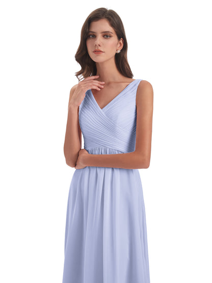 Evalyn V-neck Straps Chiffon Long Bridesmaid Dresses