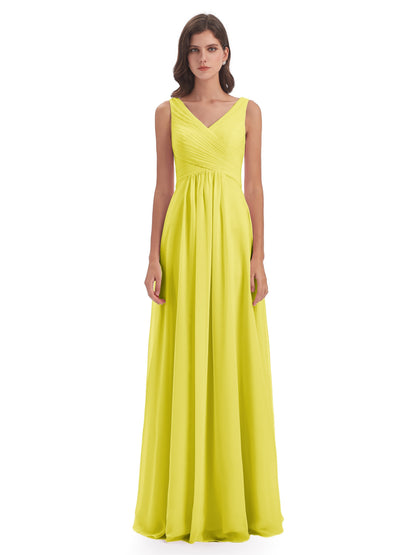 Evalyn V-neck Straps Chiffon Long Bridesmaid Dresses