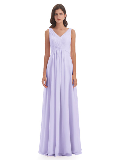 Evalyn V-neck Straps Chiffon Long Bridesmaid Dresses