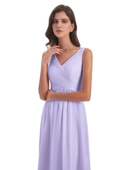 Evalyn V-neck Straps Chiffon Long Bridesmaid Dresses