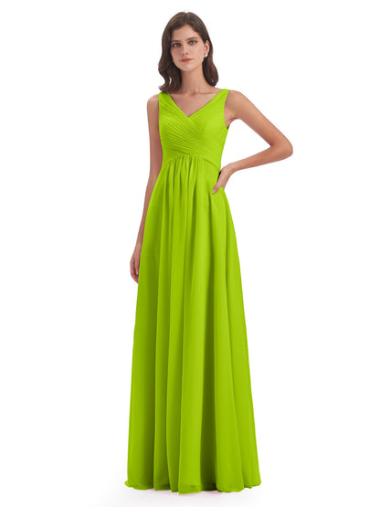 Evalyn V-neck Straps Chiffon Long Bridesmaid Dresses