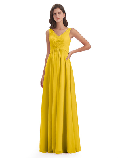 Evalyn V-neck Straps Chiffon Long Bridesmaid Dresses