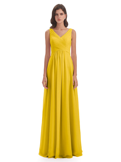 Evalyn V-neck Straps Chiffon Long Bridesmaid Dresses