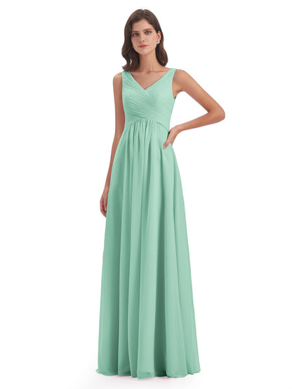 Evalyn V-neck Straps Chiffon Long Bridesmaid Dresses