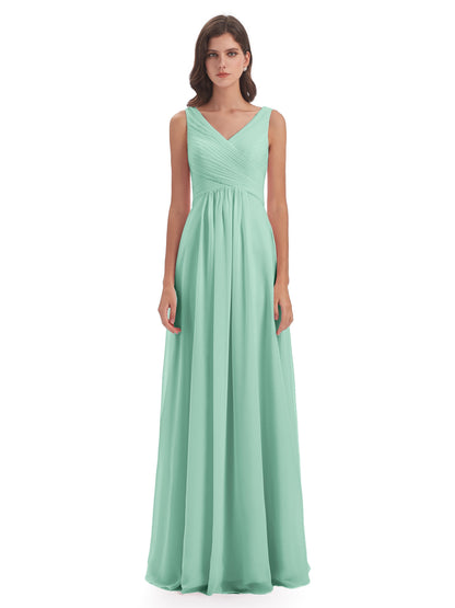 Evalyn V-neck Straps Chiffon Long Bridesmaid Dresses