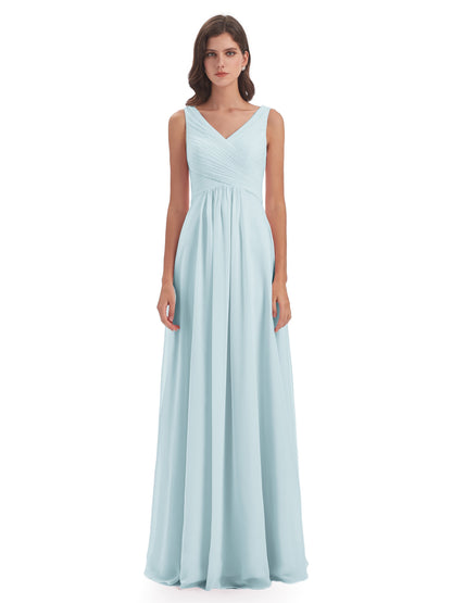 Evalyn V-neck Straps Chiffon Long Bridesmaid Dresses