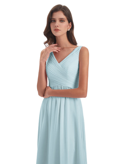 Evalyn V-neck Straps Chiffon Long Bridesmaid Dresses
