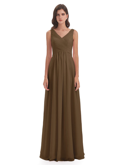 Evalyn V-neck Straps Chiffon Long Bridesmaid Dresses
