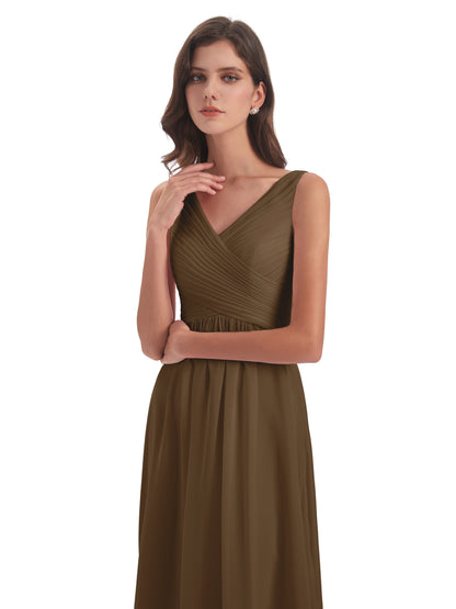 Evalyn V-neck Straps Chiffon Long Bridesmaid Dresses