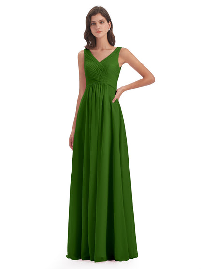 Evalyn V-neck Straps Chiffon Long Bridesmaid Dresses