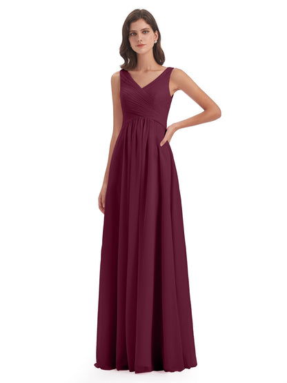 Evalyn V-neck Straps Chiffon Long Bridesmaid Dresses