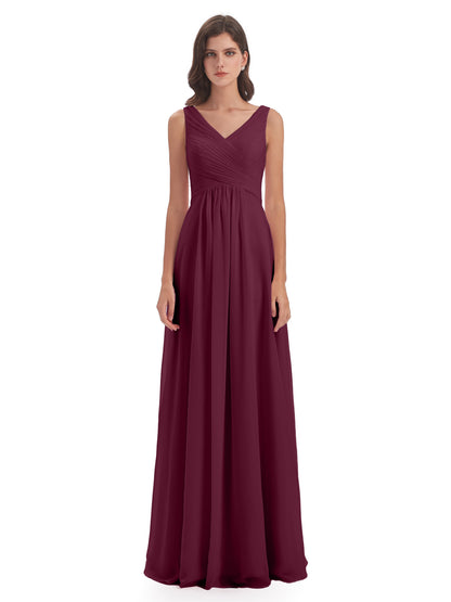 Evalyn V-neck Straps Chiffon Long Bridesmaid Dresses