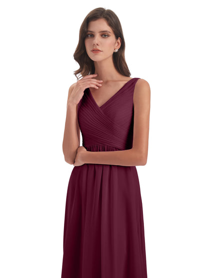 Evalyn V-neck Straps Chiffon Long Bridesmaid Dresses