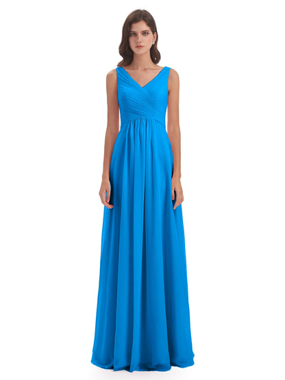 Evalyn V-neck Straps Chiffon Long Bridesmaid Dresses