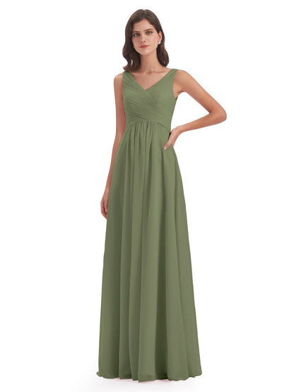 Evalyn V-neck Straps Chiffon Long Bridesmaid Dresses