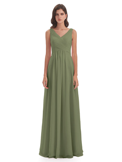 Evalyn V-neck Straps Chiffon Long Bridesmaid Dresses