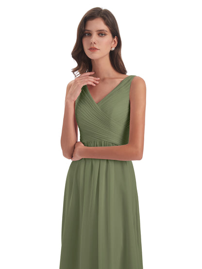 Evalyn V-neck Straps Chiffon Long Bridesmaid Dresses