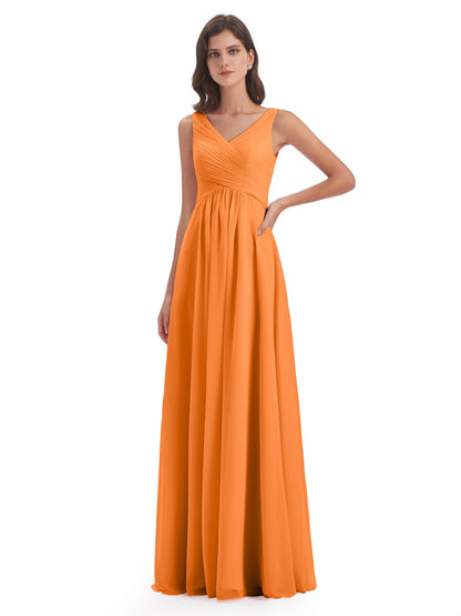 Evalyn V-neck Straps Chiffon Long Bridesmaid Dresses