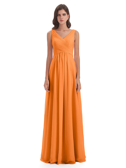 Evalyn V-neck Straps Chiffon Long Bridesmaid Dresses