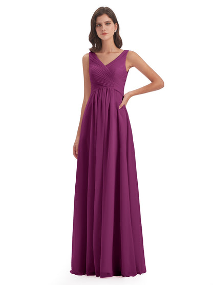 Evalyn V-neck Straps Chiffon Long Bridesmaid Dresses