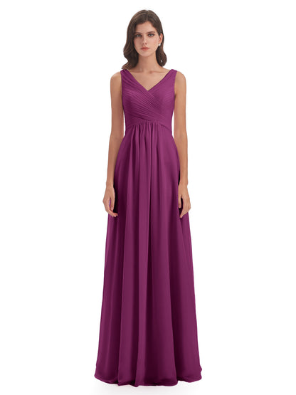 Evalyn V-neck Straps Chiffon Long Bridesmaid Dresses
