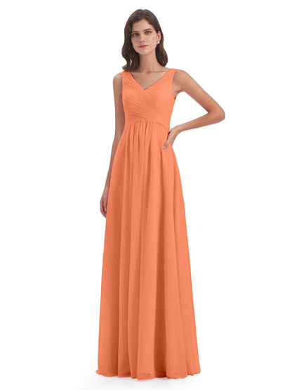 Evalyn V-neck Straps Chiffon Long Bridesmaid Dresses