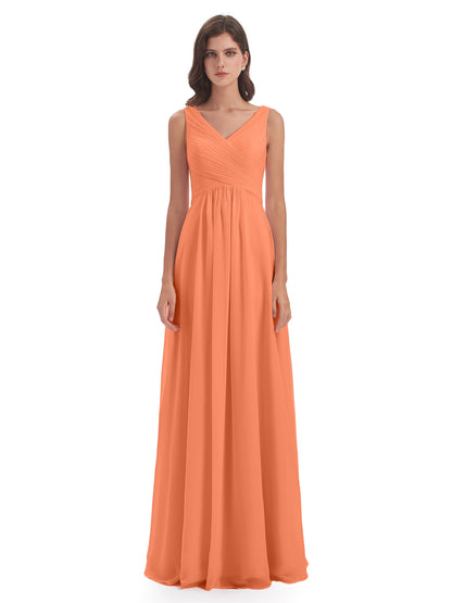 Evalyn V-neck Straps Chiffon Long Bridesmaid Dresses