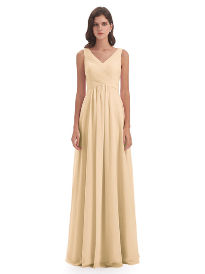 Evalyn V-neck Straps Chiffon Long Bridesmaid Dresses