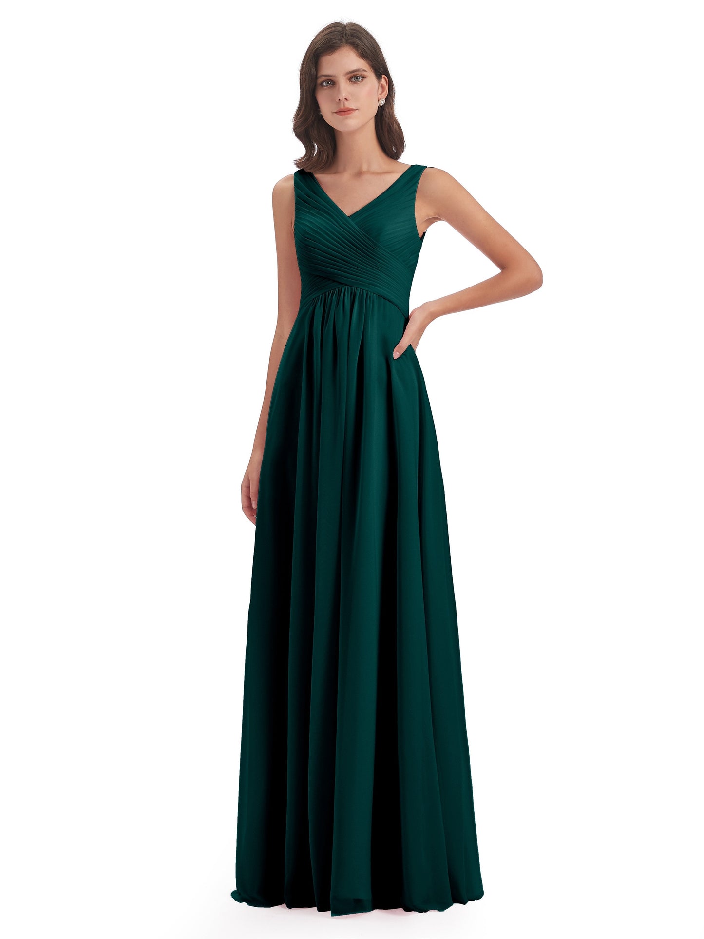 Evalyn V-neck Straps Chiffon Long Bridesmaid Dresses