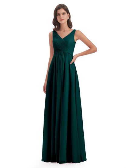 Evalyn V-neck Straps Chiffon Long Bridesmaid Dresses