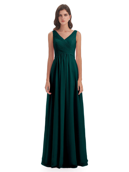 Evalyn V-neck Straps Chiffon Long Bridesmaid Dresses