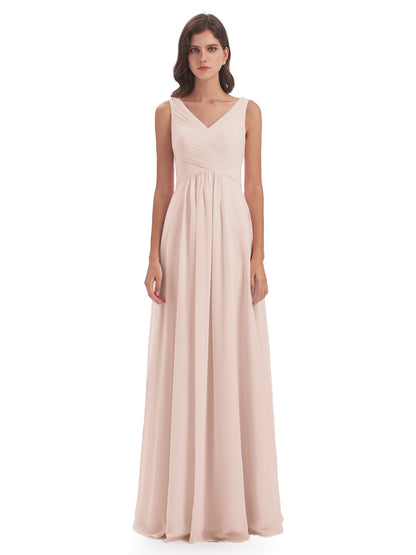 Evalyn V-neck Straps Chiffon Long Bridesmaid Dresses